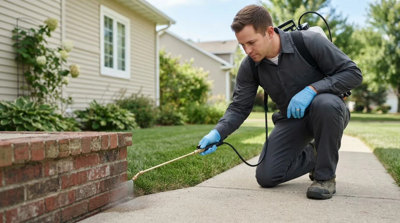 Pest control technician treating a home near Waseca, MN